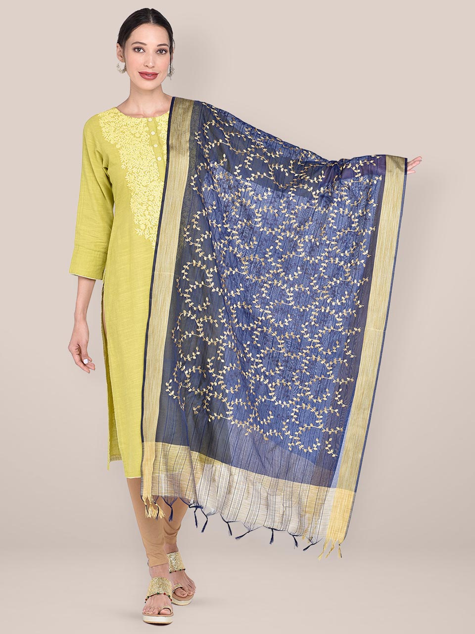 Navy Blue Embroidered Blended Silk Dupatta freeshipping - Dupatta Bazaar