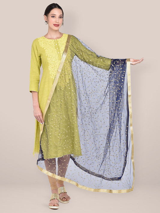 Navy Blue & Gold Embroidered Net Dupatta freeshipping - Dupatta Bazaar