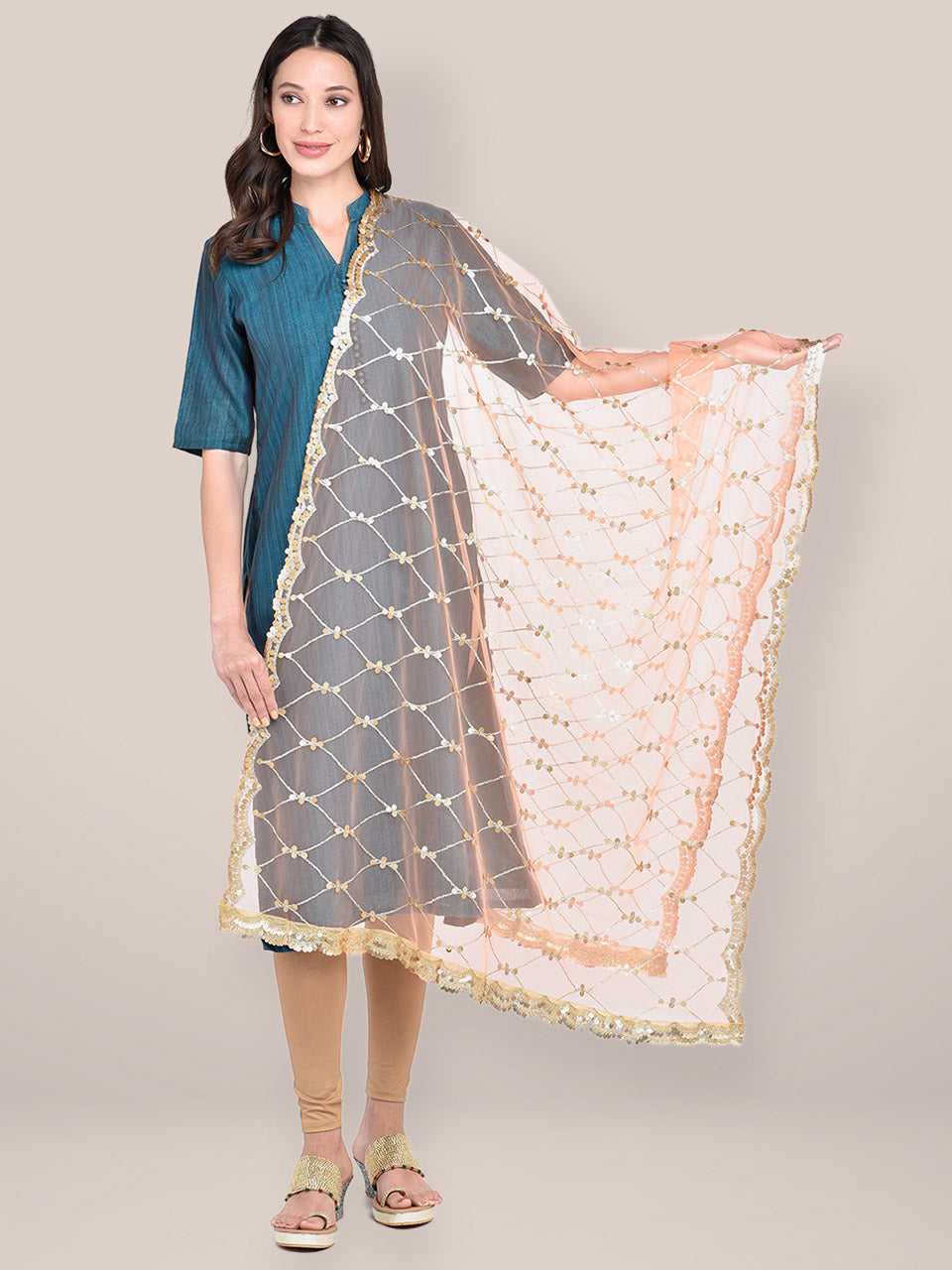 Peach Embellished Net Dupatta with Scalloped Border freeshipping - Dupatta Bazaar