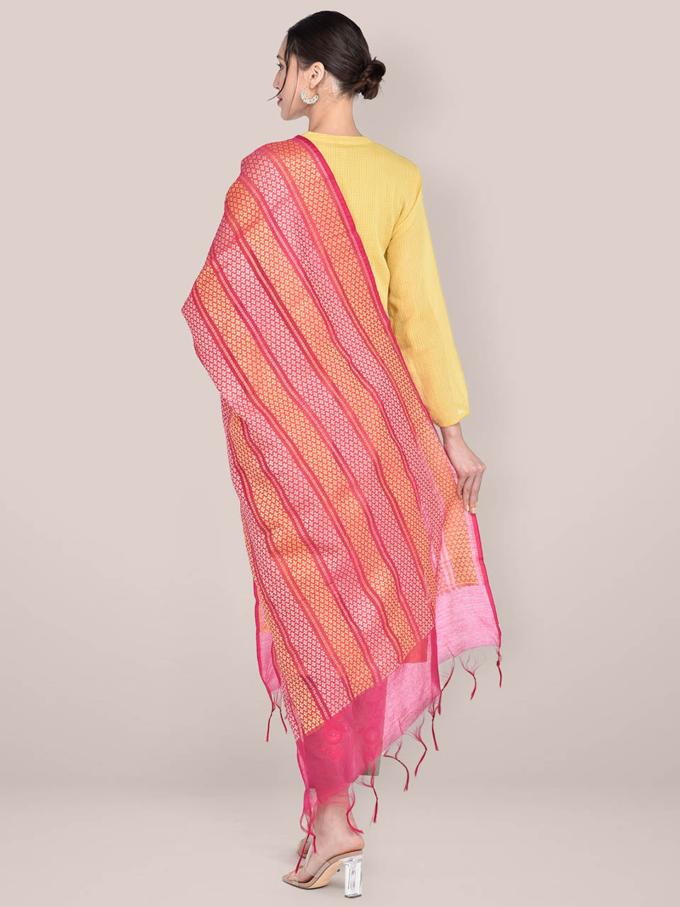 Woven Rani Pink & Yellow Striped Cotton Chanderi Dupatta. freeshipping - Dupatta Bazaar