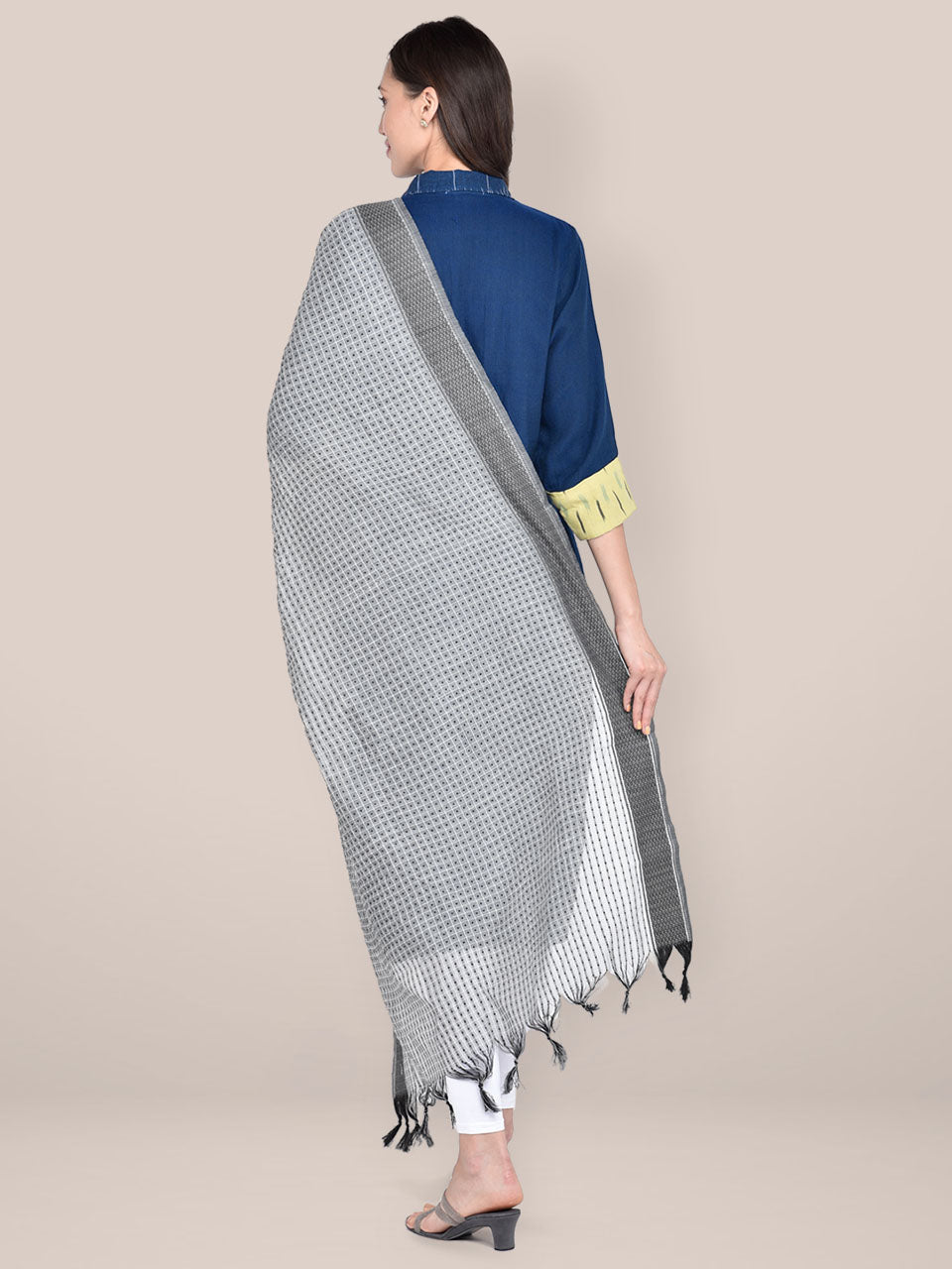 Woven Grey & Black Striped Cotton Chanderi Dupatta freeshipping - Dupatta Bazaar