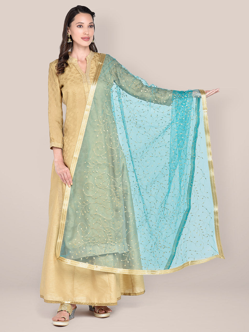 Rama Green & Gold Embroidered Net Dupatta freeshipping - Dupatta Bazaar