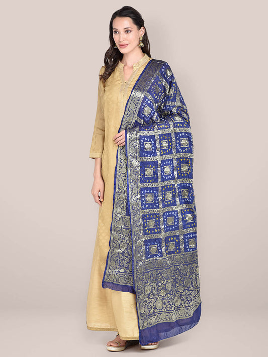 Navy Blue Banarasi Bandhej Gharchola Silk Dupatta freeshipping - Dupatta Bazaar