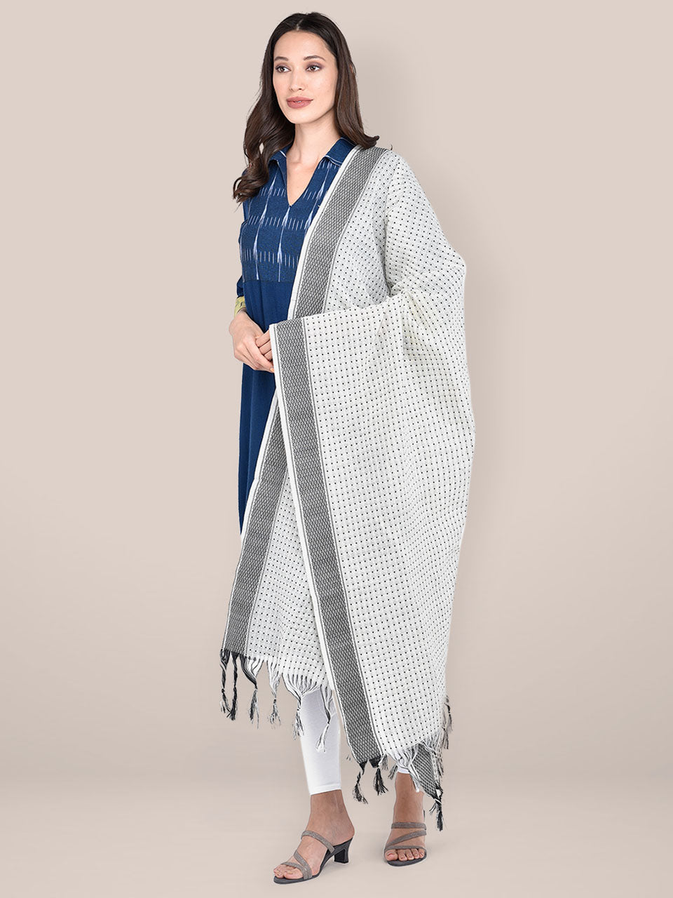 Woven White & Black Striped Cotton Chanderi Dupatta freeshipping - Dupatta Bazaar