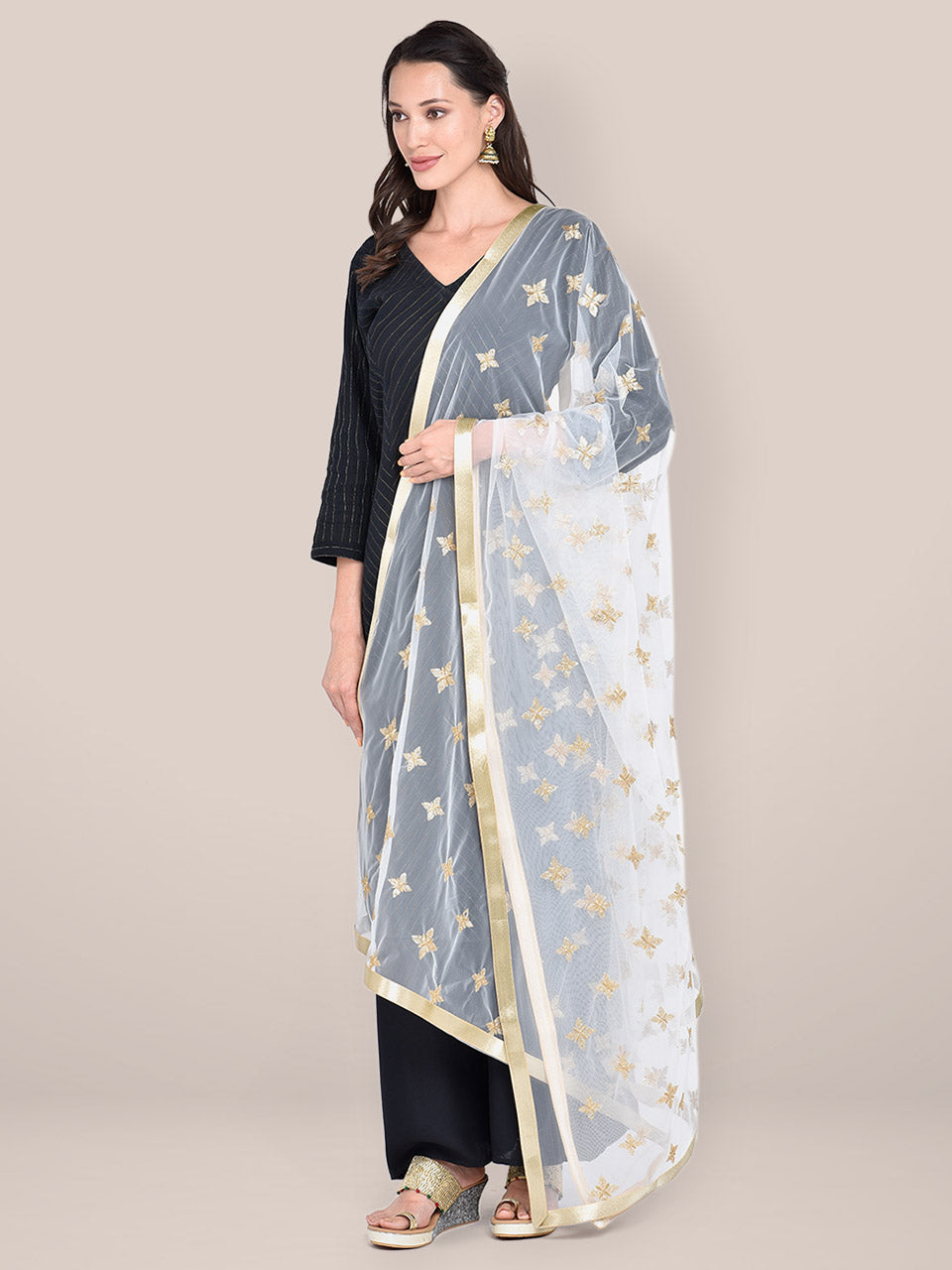 White Net Dupatta with Sequins Work. freeshipping - Dupatta Bazaar