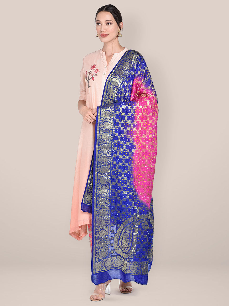 Blue & Rani Banarasi Bandhej Gharchola Silk Dupatta freeshipping - Dupatta Bazaar