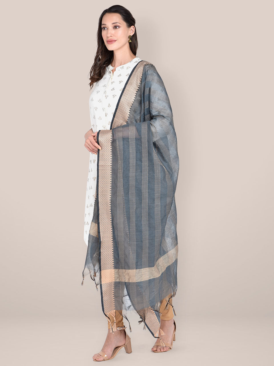 Woven Brown & Biege Striped Cotton Chanderi Dupatta freeshipping - Dupatta Bazaar