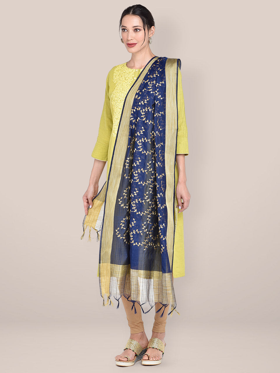 Navy Blue Embroidered Blended Silk Dupatta freeshipping - Dupatta Bazaar