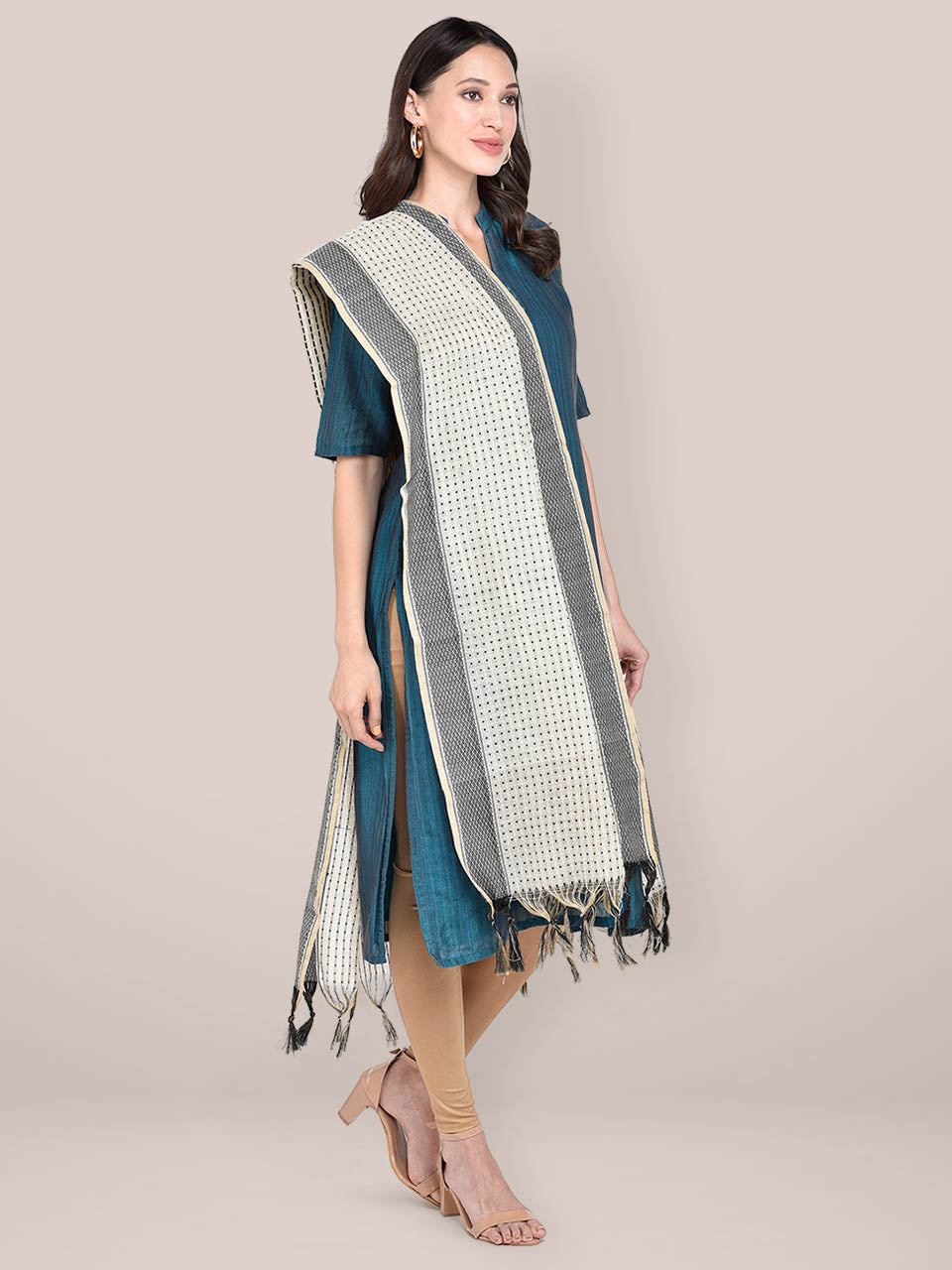 Woven Beige & Black Cotton Chanderi Dupatta freeshipping - Dupatta Bazaar