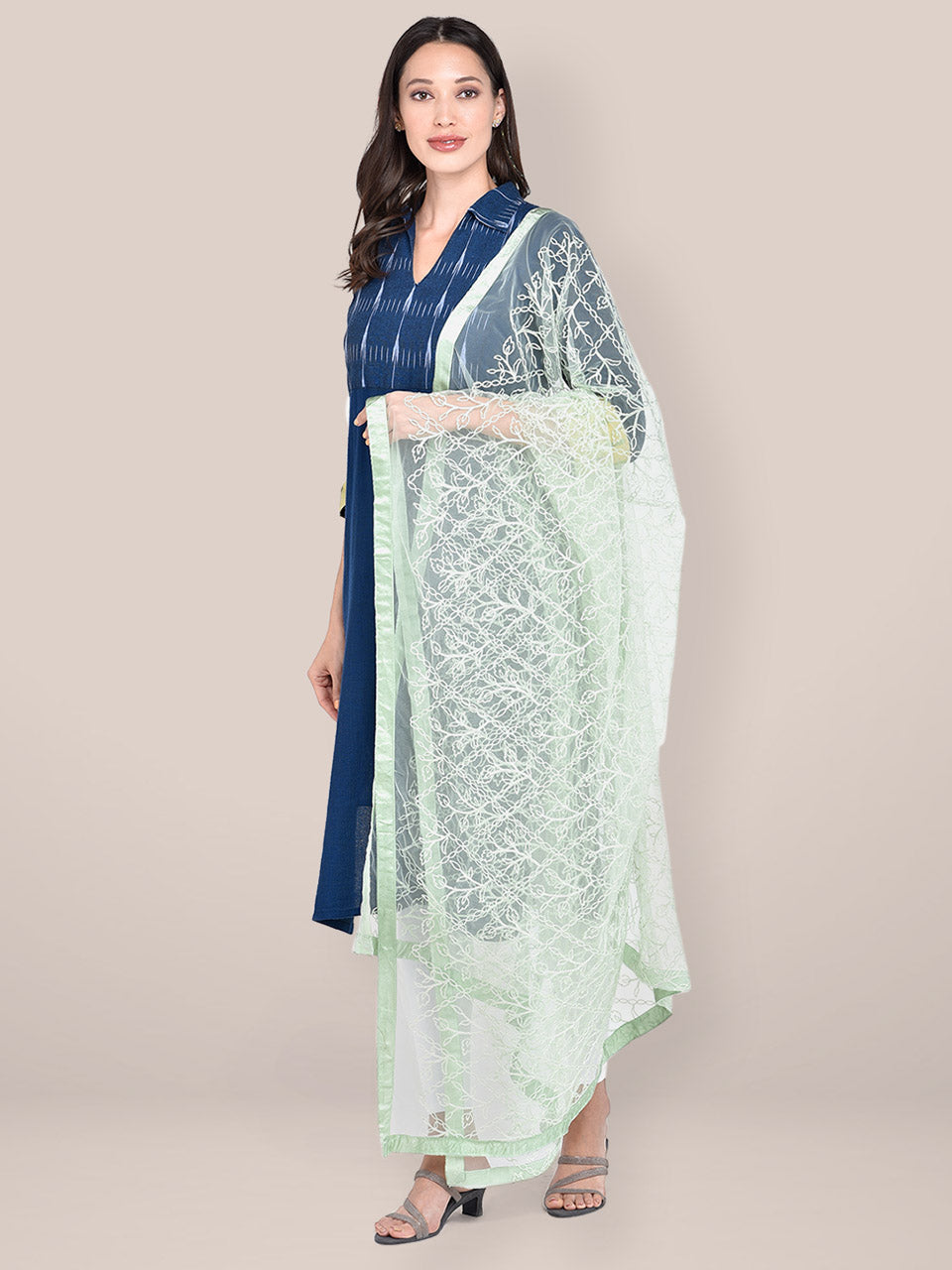 Women's Pista Green Embellished Net Dupatta freeshipping - Dupatta Bazaar