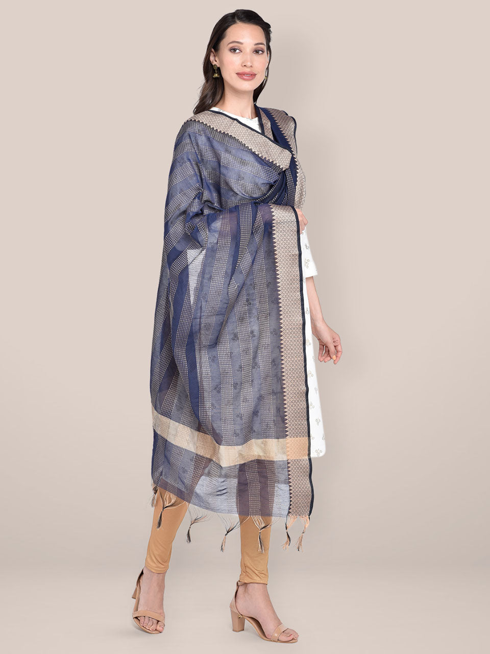 Woven Navy Blue & Beige Striped Cotton Chanderi Dupatta freeshipping - Dupatta Bazaar