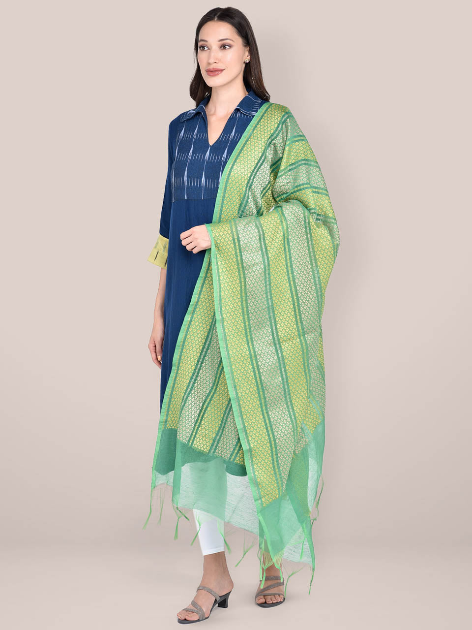Woven Green & Yellow Striped Cotton Chanderi Dupatta. freeshipping - Dupatta Bazaar