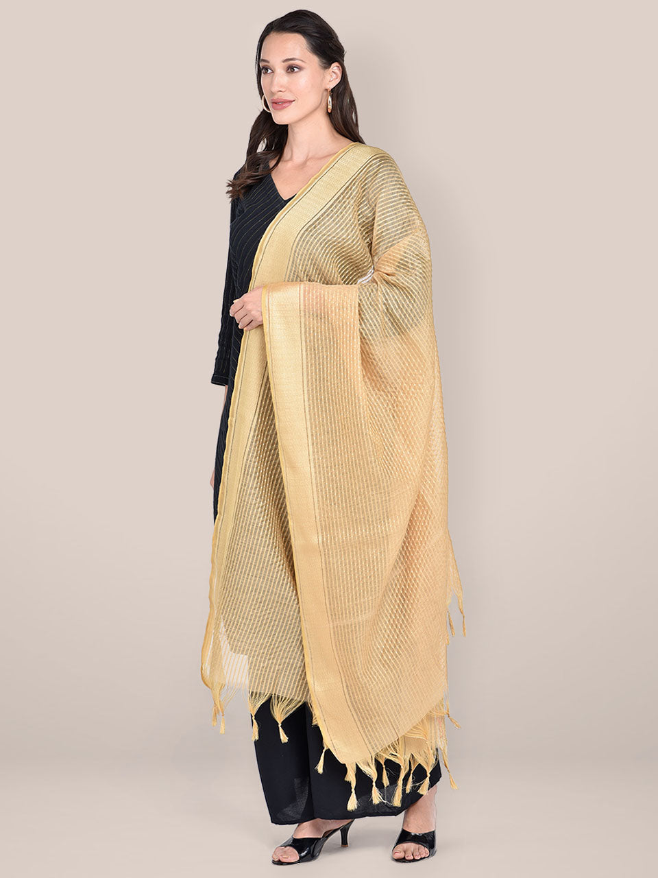 Woven Gold & White Striped Cotton Chanderi Dupatta freeshipping - Dupatta Bazaar