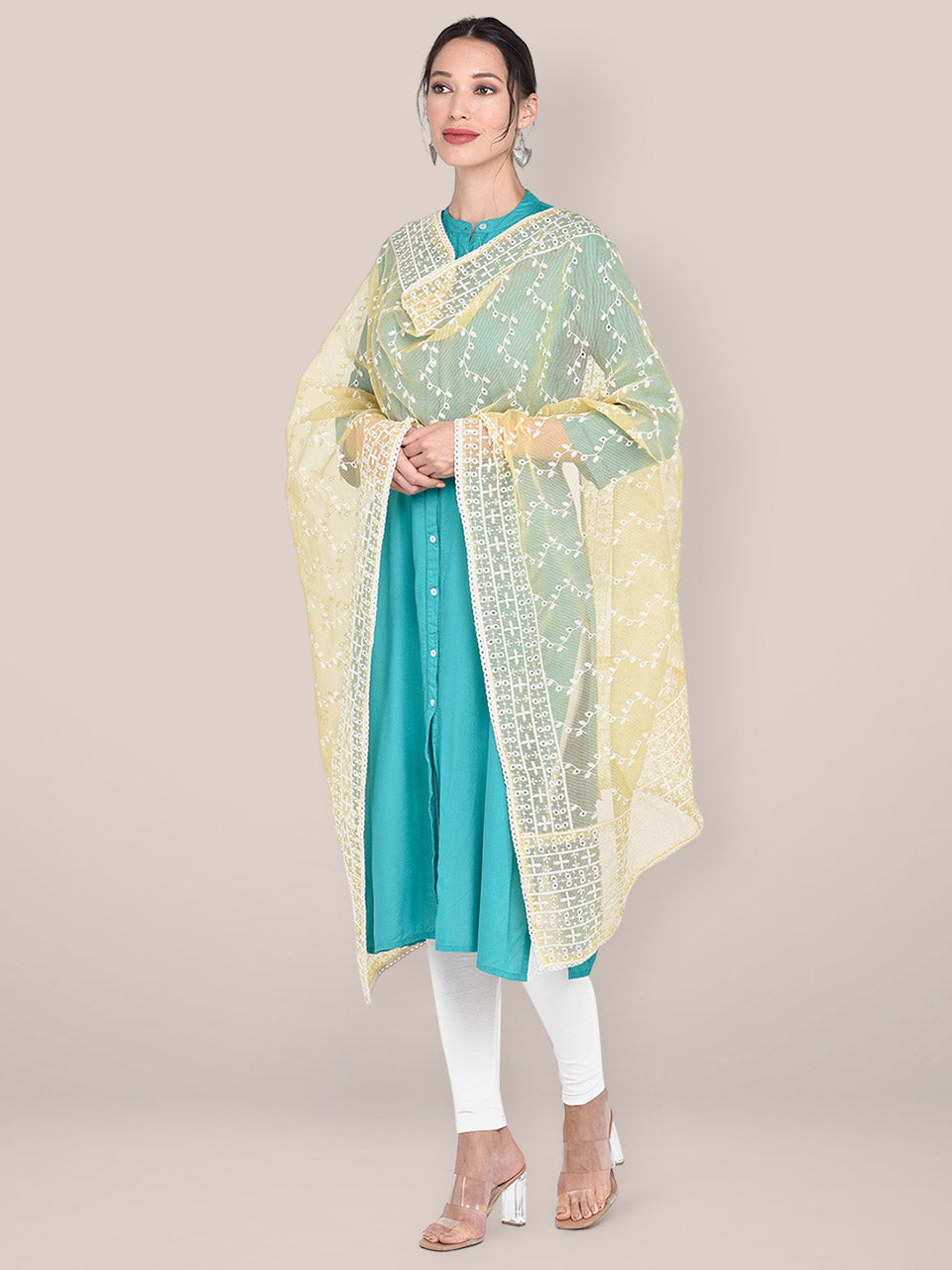 Women's Yellow Cotton Net Dupatta freeshipping - Dupatta Bazaar