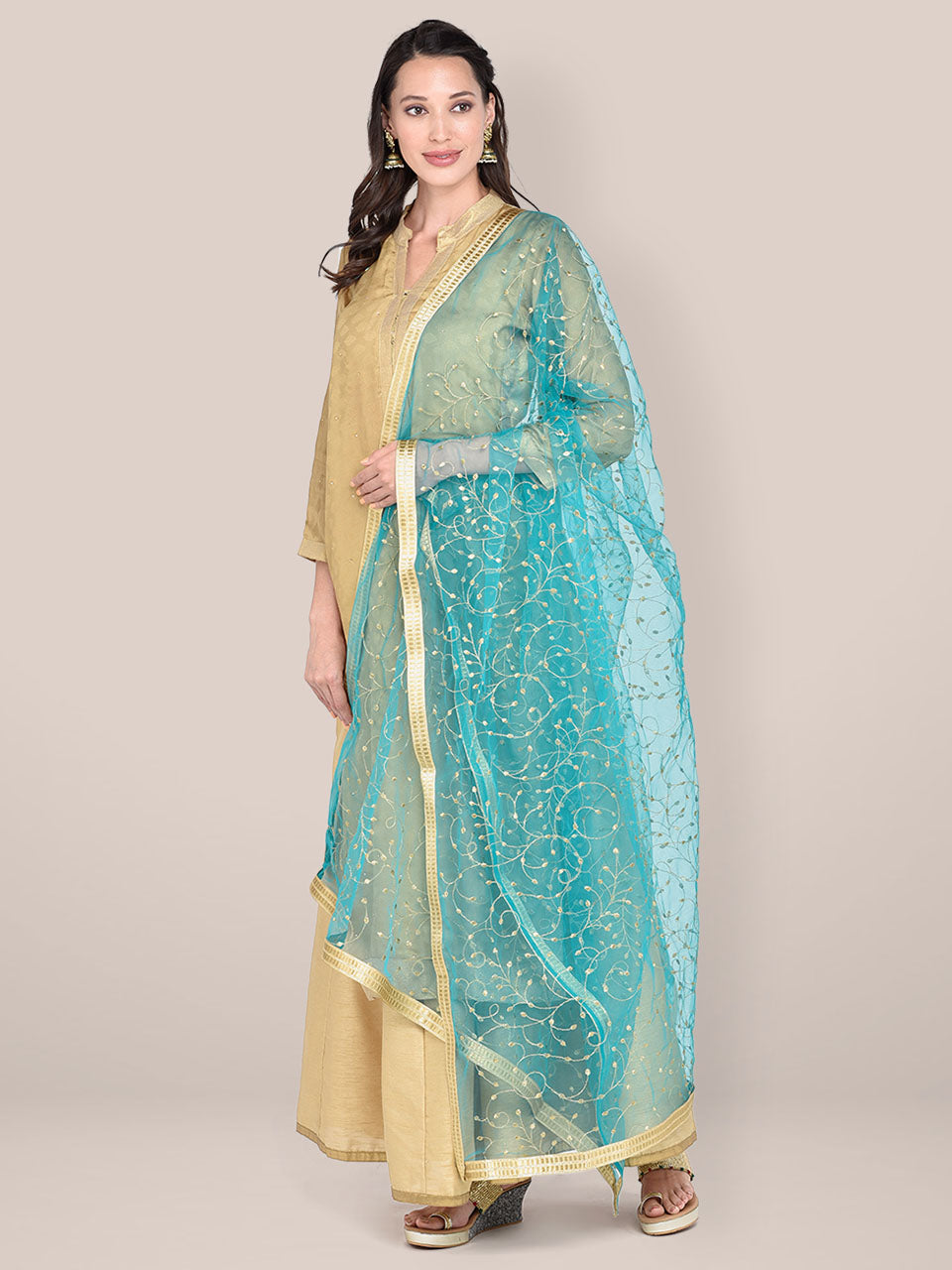 Rama Green & Gold Embroidered Net Dupatta freeshipping - Dupatta Bazaar