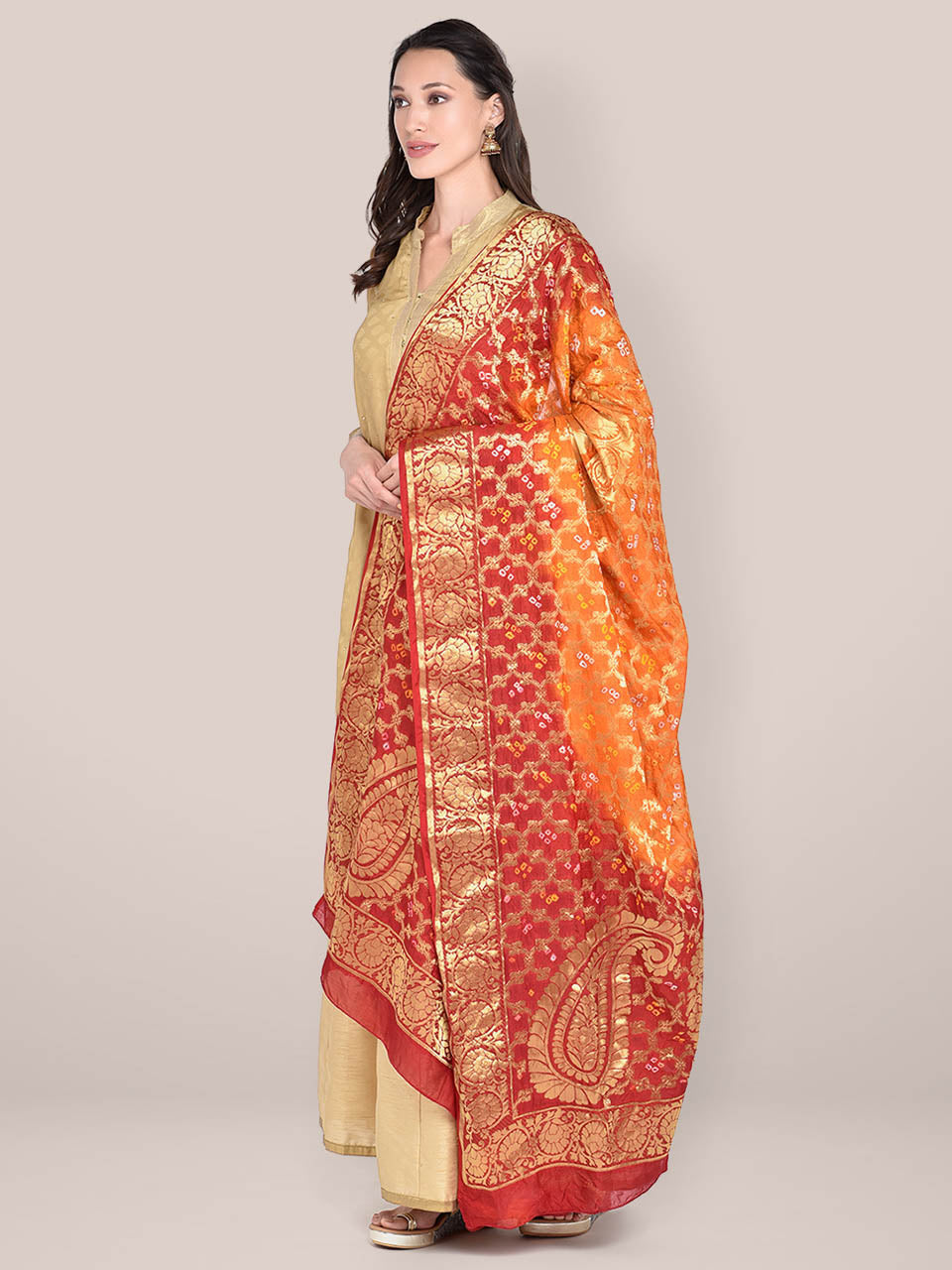 Red & Orange Banarasi Bandhej Gharchola Silk Dupatta freeshipping - Dupatta Bazaar