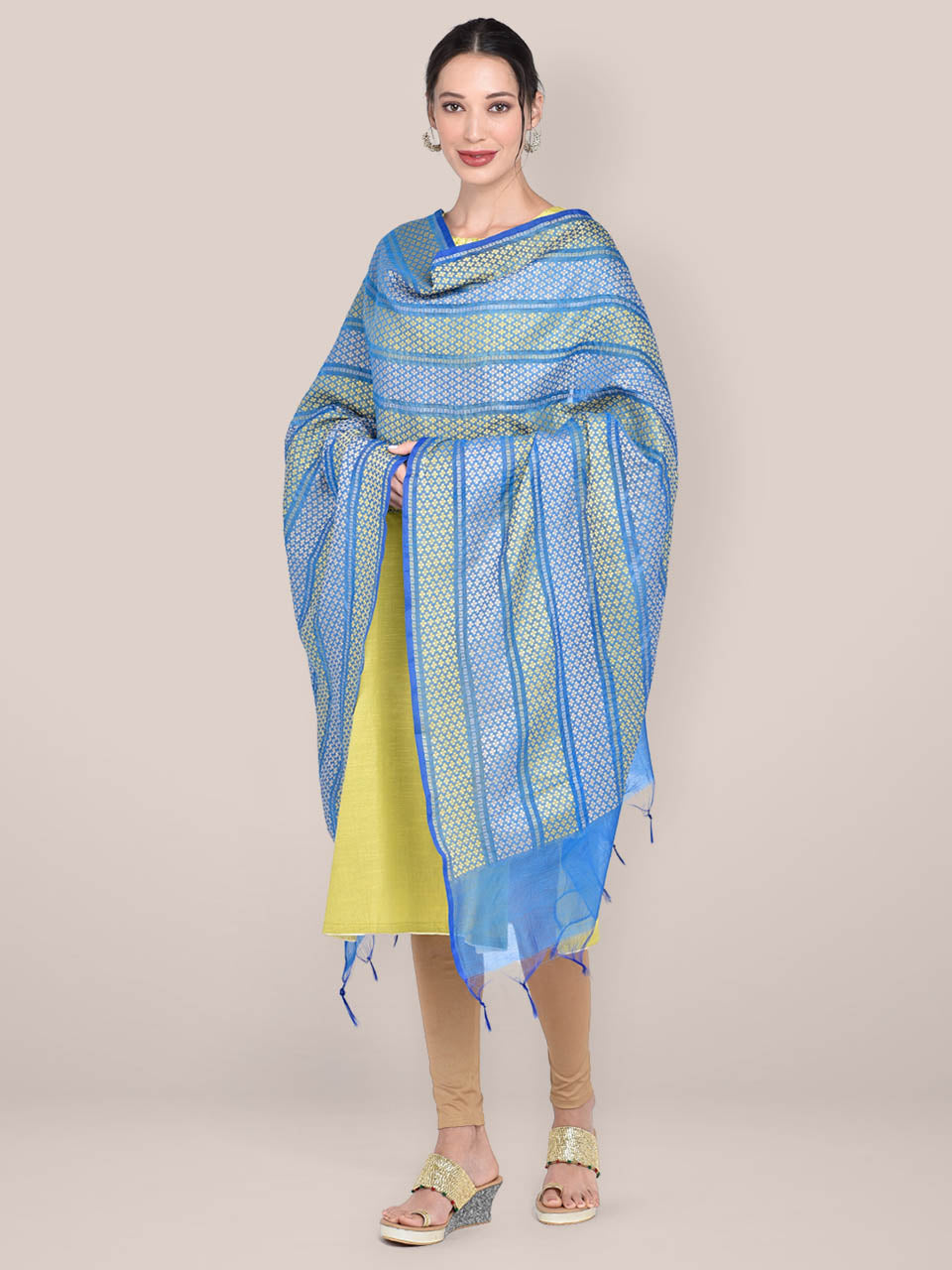 Woven Turquoise Blue & Yellow Striped Cotton Chanderi Dupatta. freeshipping - Dupatta Bazaar