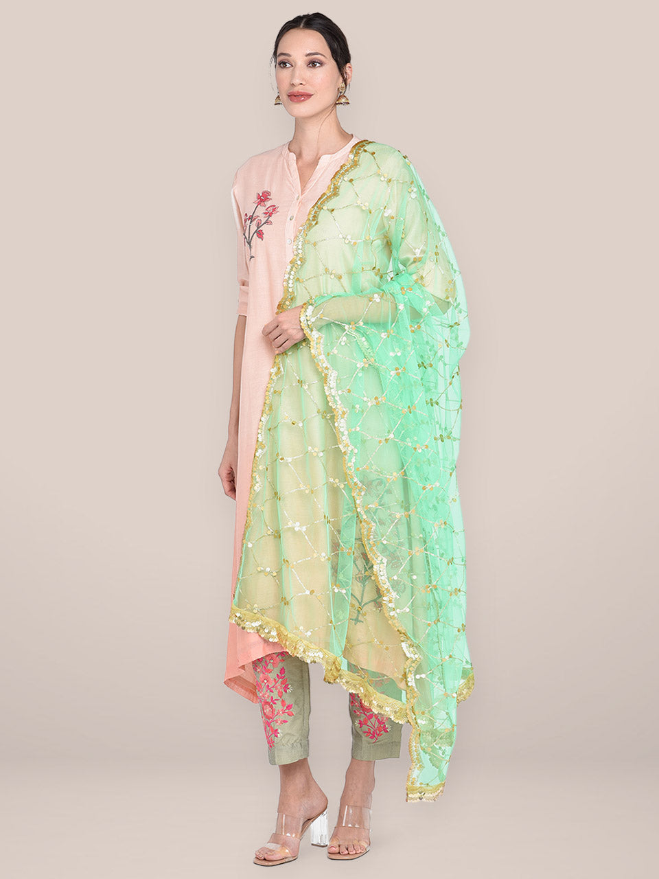 Sea Green Embellished Net Dupatta with Scalloped Border freeshipping - Dupatta Bazaar