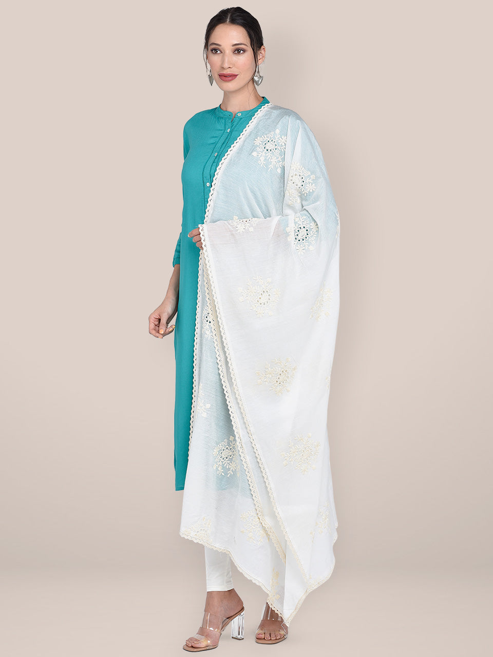 Off White Schiffili Embroidered Chanderi Silk Dupatta freeshipping - Dupatta Bazaar