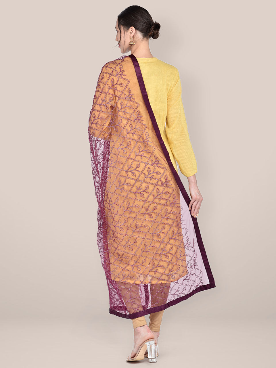 Women's Wine Embellished Net Dupatta freeshipping - Dupatta Bazaar