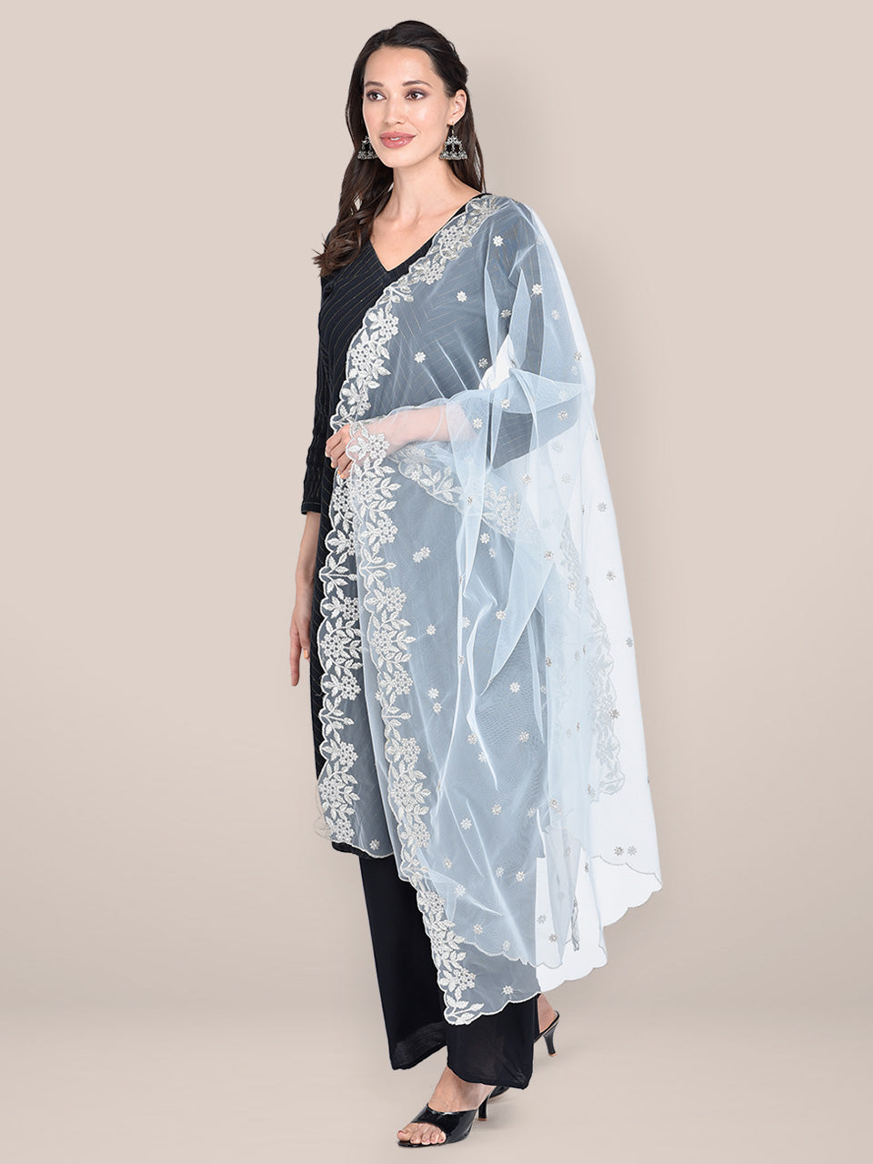 Silver Dupatta with Cutwork Embroidery freeshipping - Dupatta Bazaar