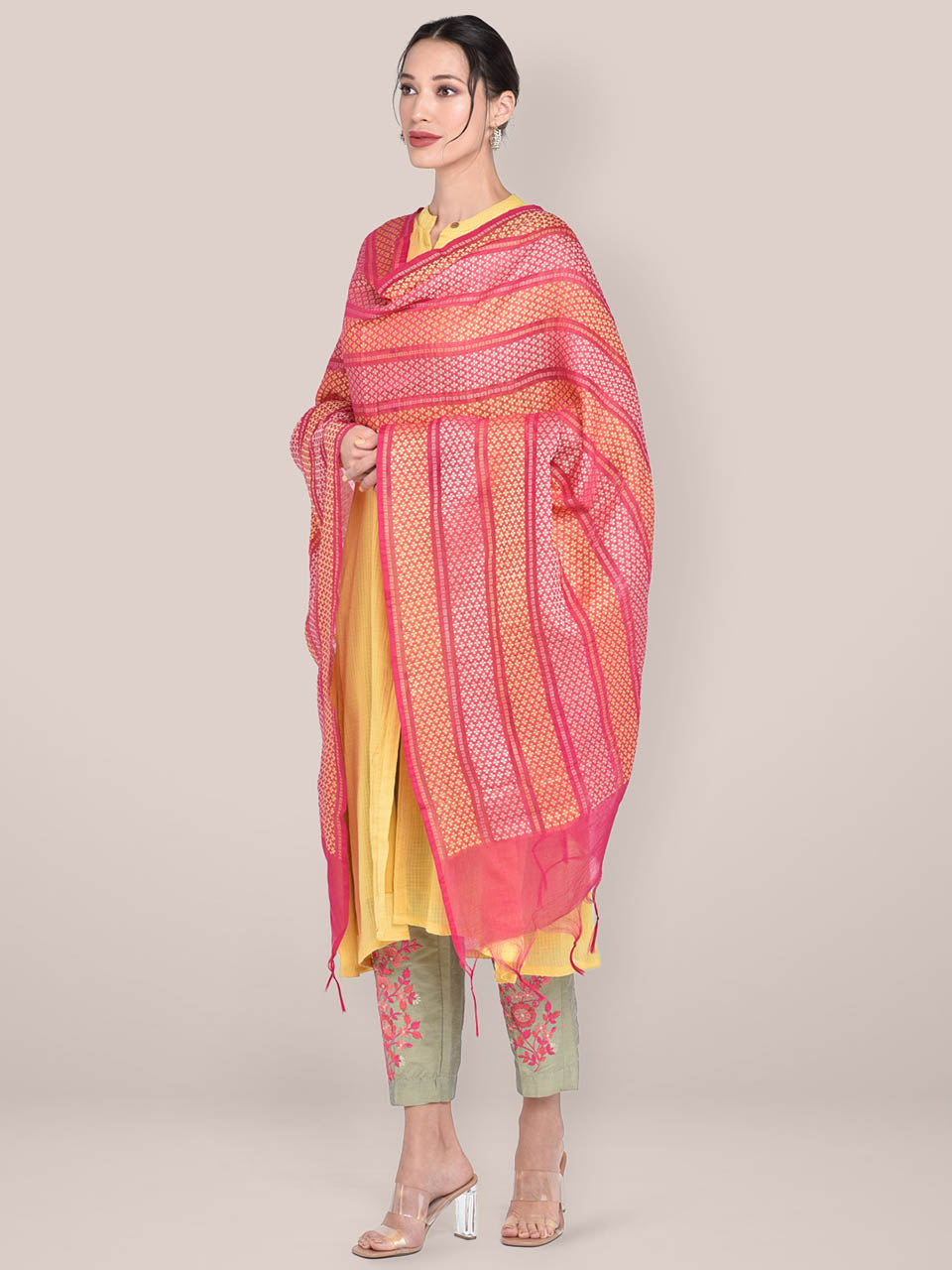 Woven Rani Pink & Yellow Striped Cotton Chanderi Dupatta. freeshipping - Dupatta Bazaar