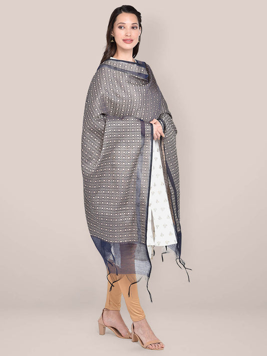 Woven Ink Blue & Beige Cotton Chanderi Dupatta freeshipping - Dupatta Bazaar