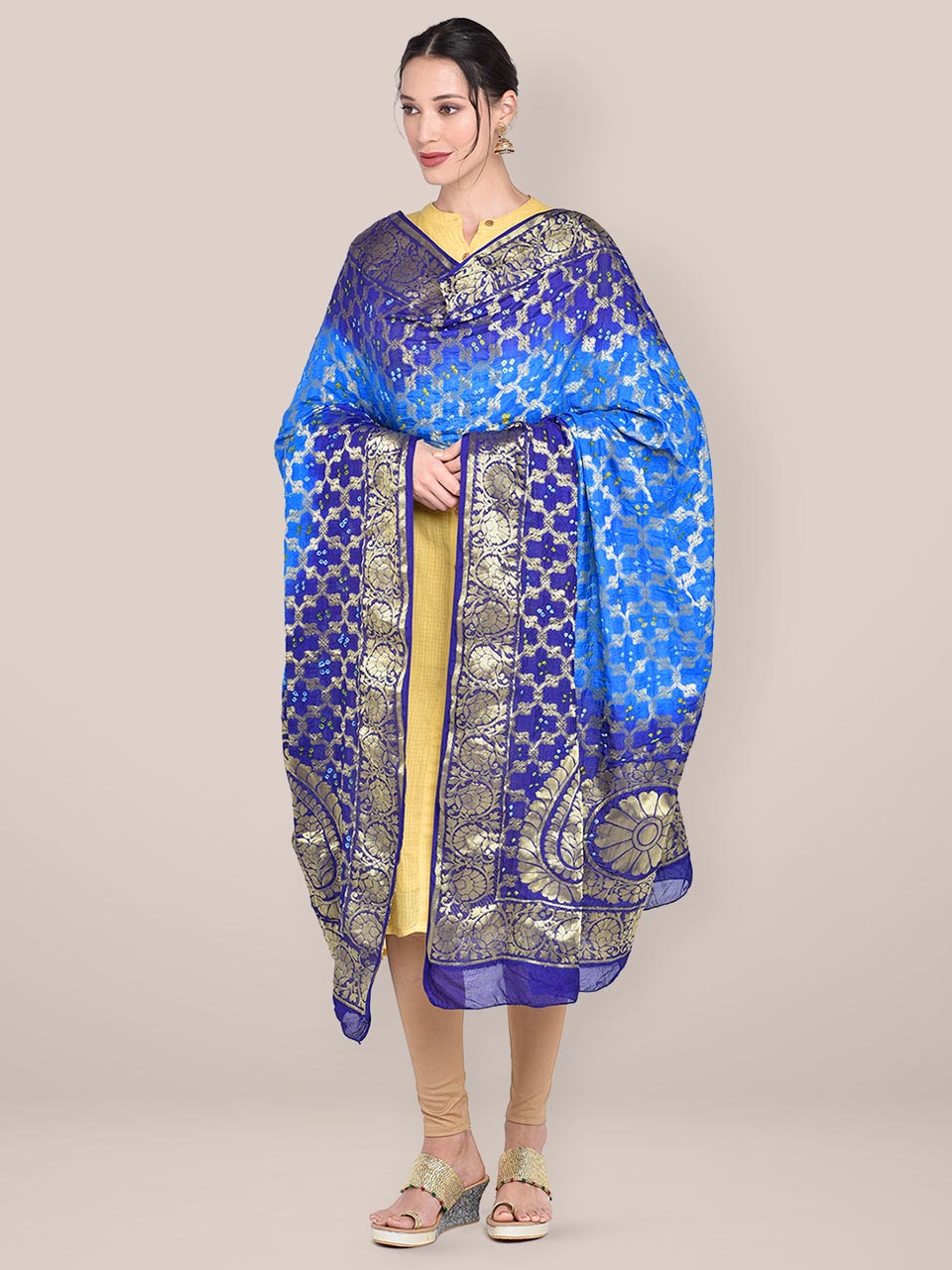 Shaded Blue Banarasi Bandhej Gharchola Silk Dupatta freeshipping - Dupatta Bazaar