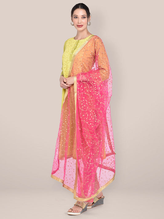 Rani Pink & Gold Embroidered Net Dupatta freeshipping - Dupatta Bazaar