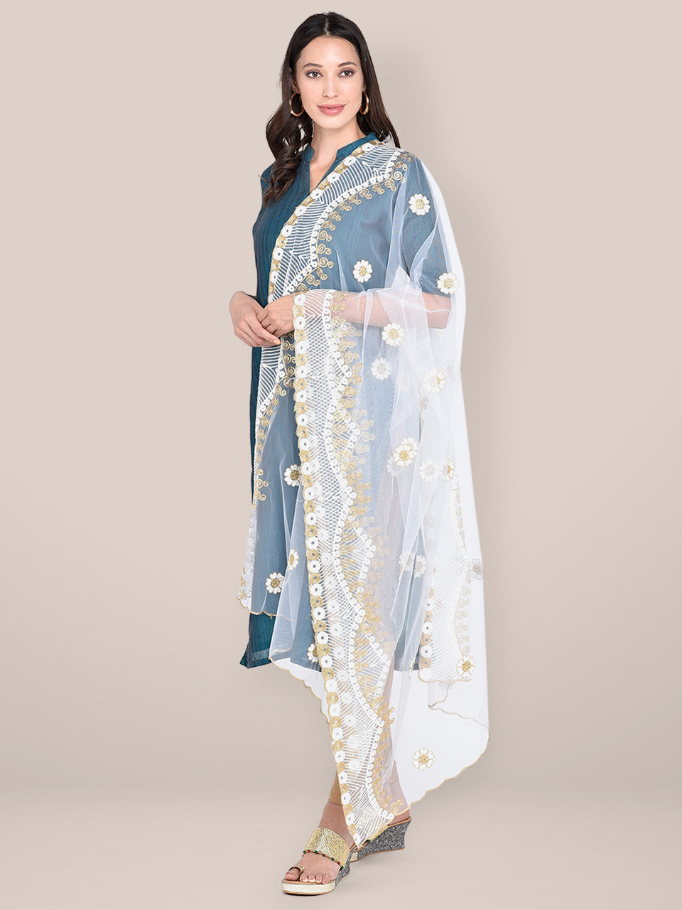 White & Gold Dupatta with Embroidery freeshipping - Dupatta Bazaar