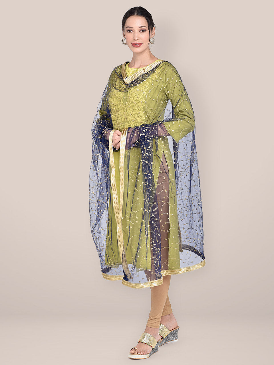 Navy Blue & Gold Embroidered Net Dupatta freeshipping - Dupatta Bazaar