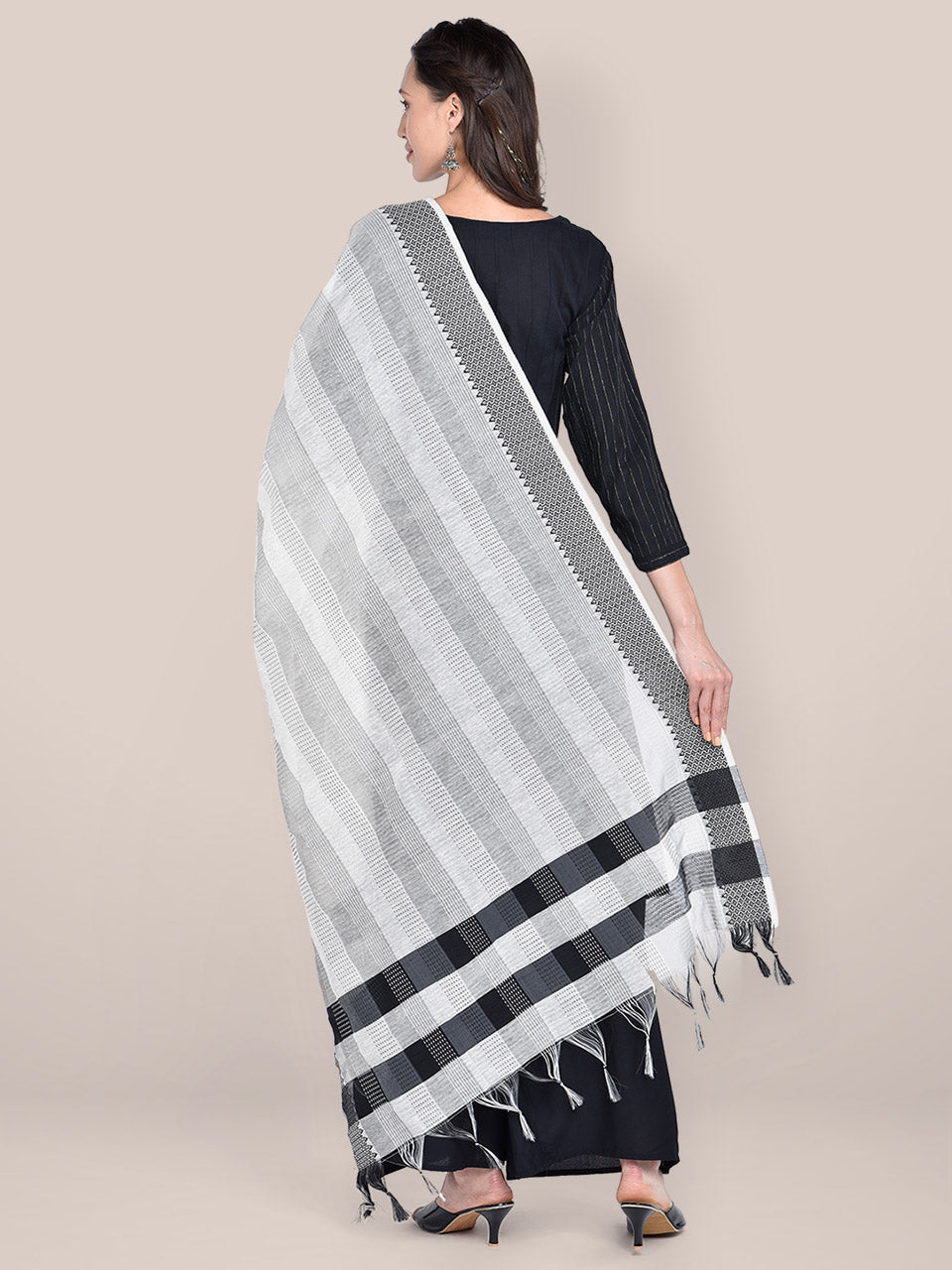 Women's Woven Off White, Black & Grey Cotton Chanderi Dupatta freeshipping - Dupatta Bazaar