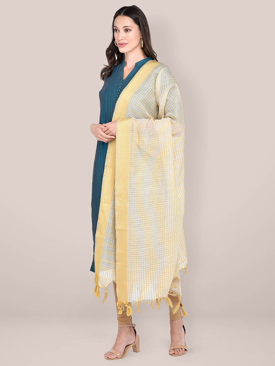 Woven Gold Checkered Cotton Chanderi Dupatta freeshipping - Dupatta Bazaar