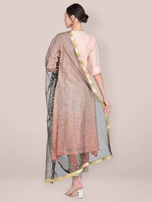 Black & Gold Embroidered Net Dupatta freeshipping - Dupatta Bazaar