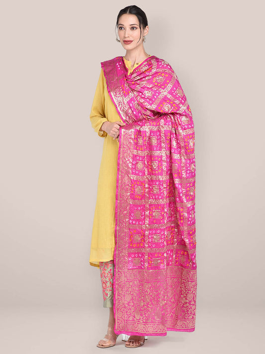 Pink Banarasi Bandhej Gharchola Silk Dupatta freeshipping - Dupatta Bazaar