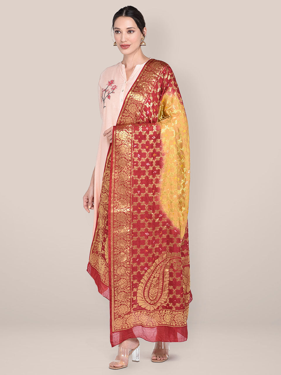Red & Beige Banarasi Bandhej Gharchola Silk Dupatta freeshipping - Dupatta Bazaar