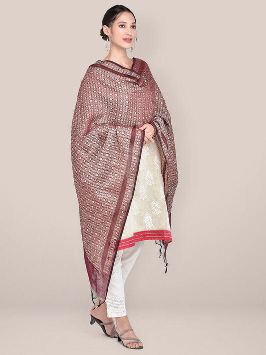 Woven Maroon & Beige Cotton Chanderi Dupatta freeshipping - Dupatta Bazaar