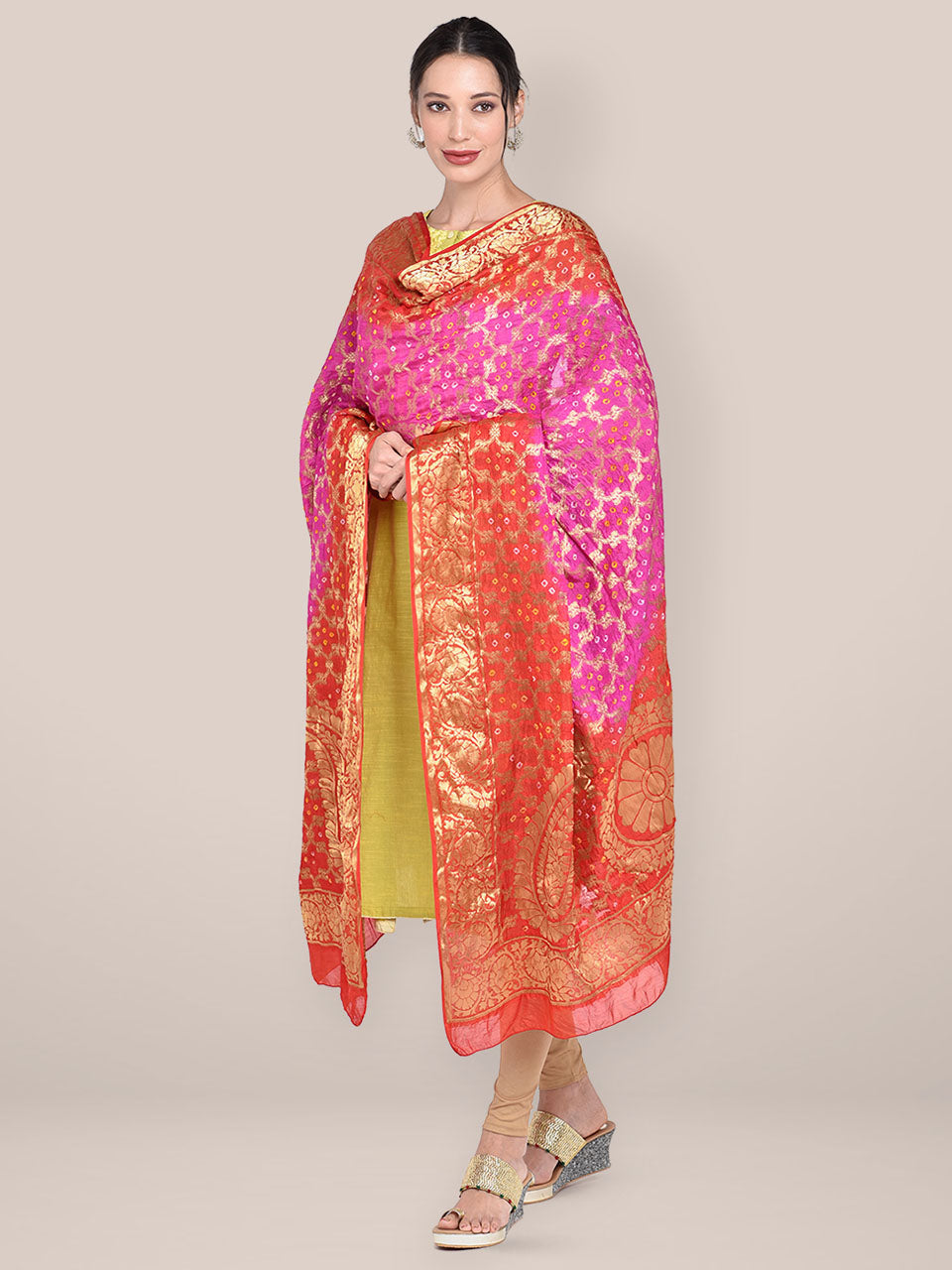 Pink & Red Banarasi Bandhej Gharchola Silk Dupatta freeshipping - Dupatta Bazaar