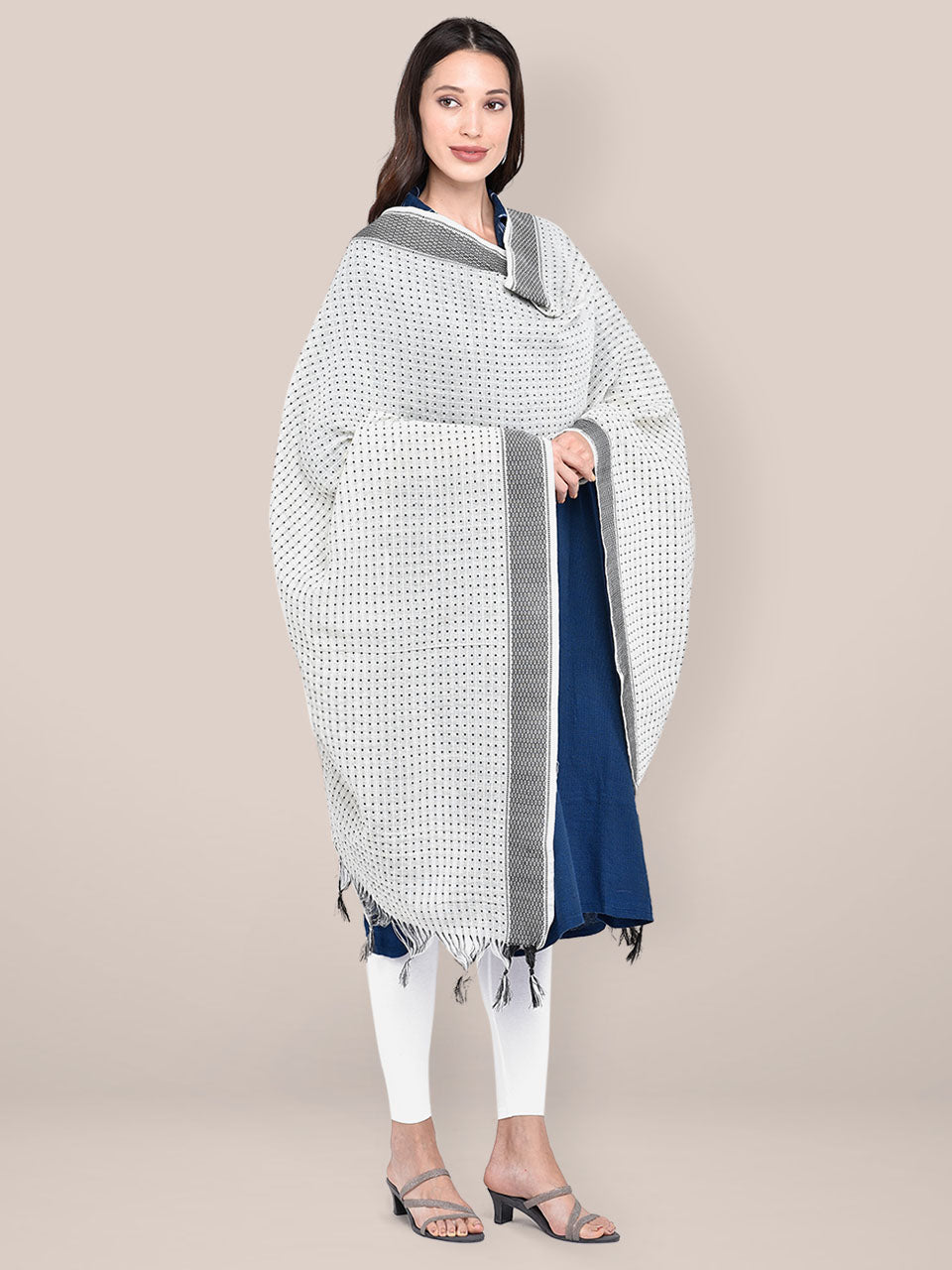 Woven White & Black Striped Cotton Chanderi Dupatta freeshipping - Dupatta Bazaar