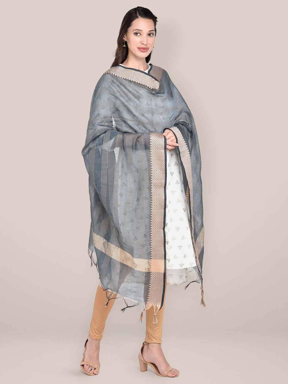 Woven Brown & Biege Striped Cotton Chanderi Dupatta freeshipping - Dupatta Bazaar