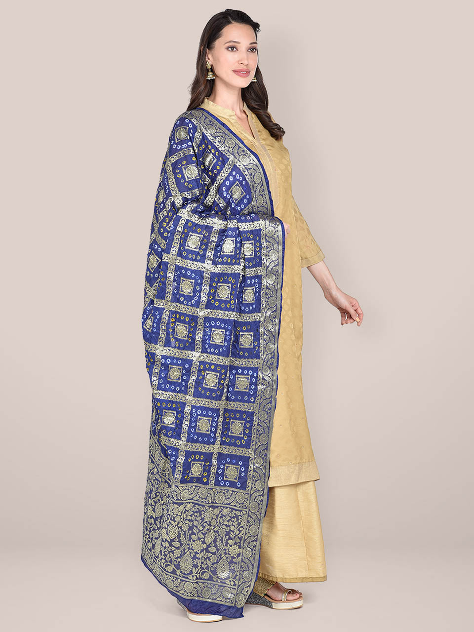 Navy Blue Banarasi Bandhej Gharchola Silk Dupatta freeshipping - Dupatta Bazaar
