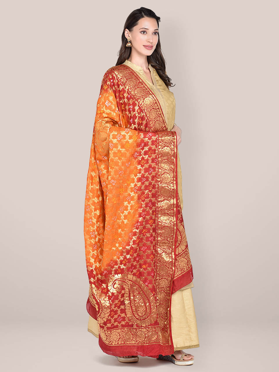 Red & Orange Banarasi Bandhej Gharchola Silk Dupatta freeshipping - Dupatta Bazaar