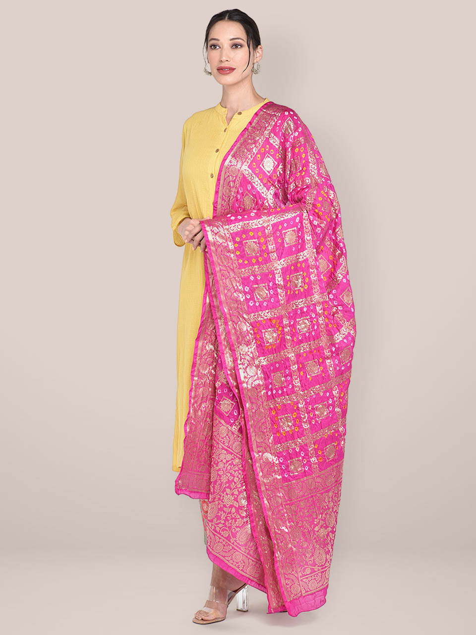 Pink Banarasi Bandhej Gharchola Silk Dupatta freeshipping - Dupatta Bazaar