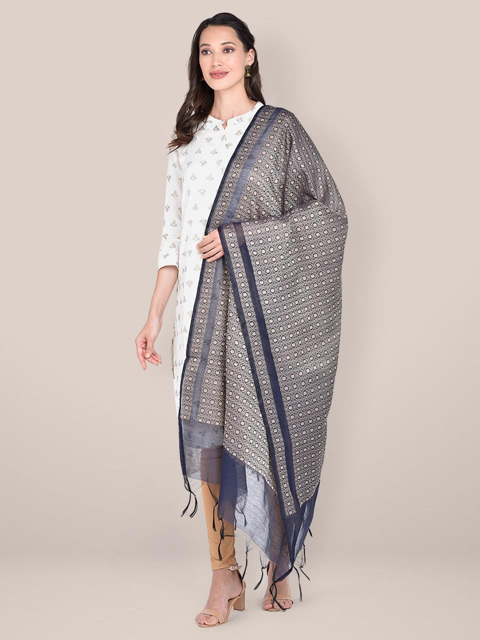 Woven Ink Blue & Beige Cotton Chanderi Dupatta freeshipping - Dupatta Bazaar