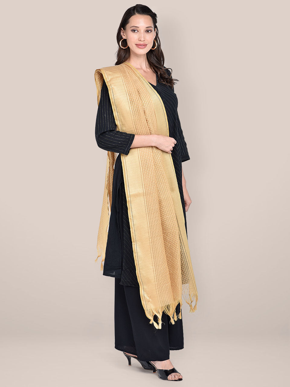 Woven Gold & White Striped Cotton Chanderi Dupatta freeshipping - Dupatta Bazaar