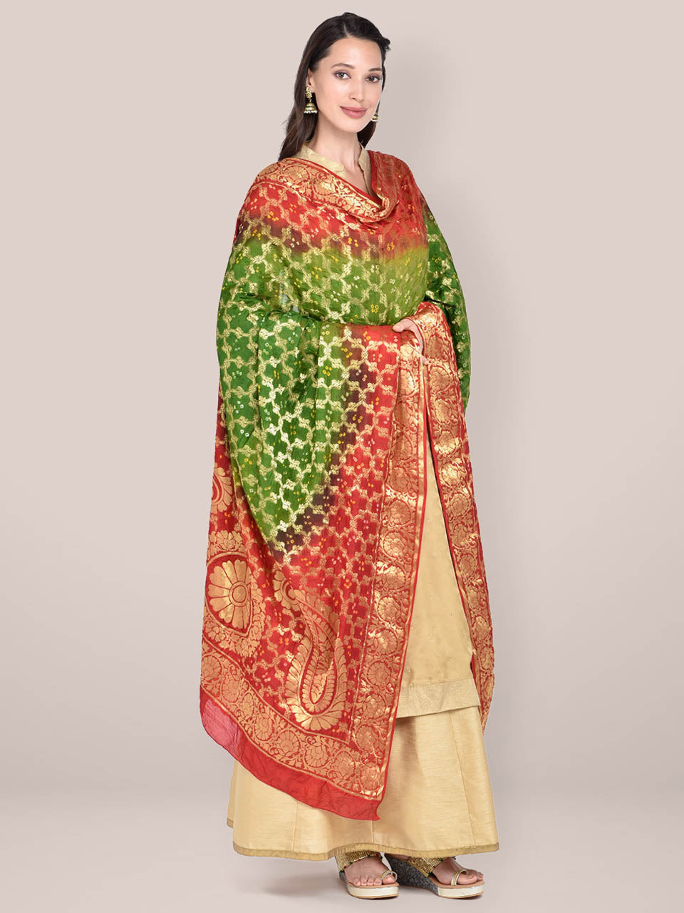 Red, Green Banarasi Bandhej Gharchola Silk Dupatta freeshipping - Dupatta Bazaar