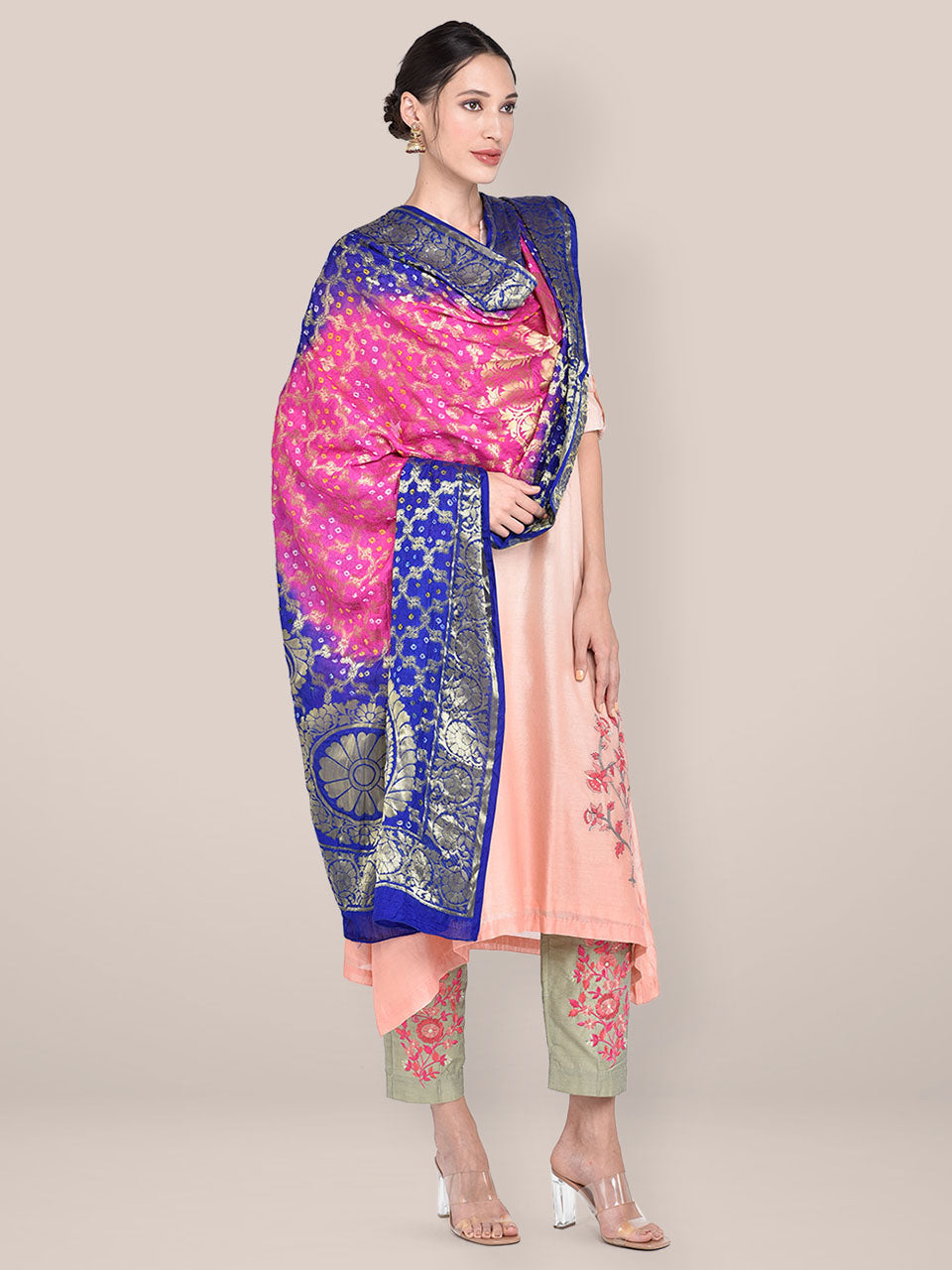 Blue & Rani Banarasi Bandhej Gharchola Silk Dupatta freeshipping - Dupatta Bazaar