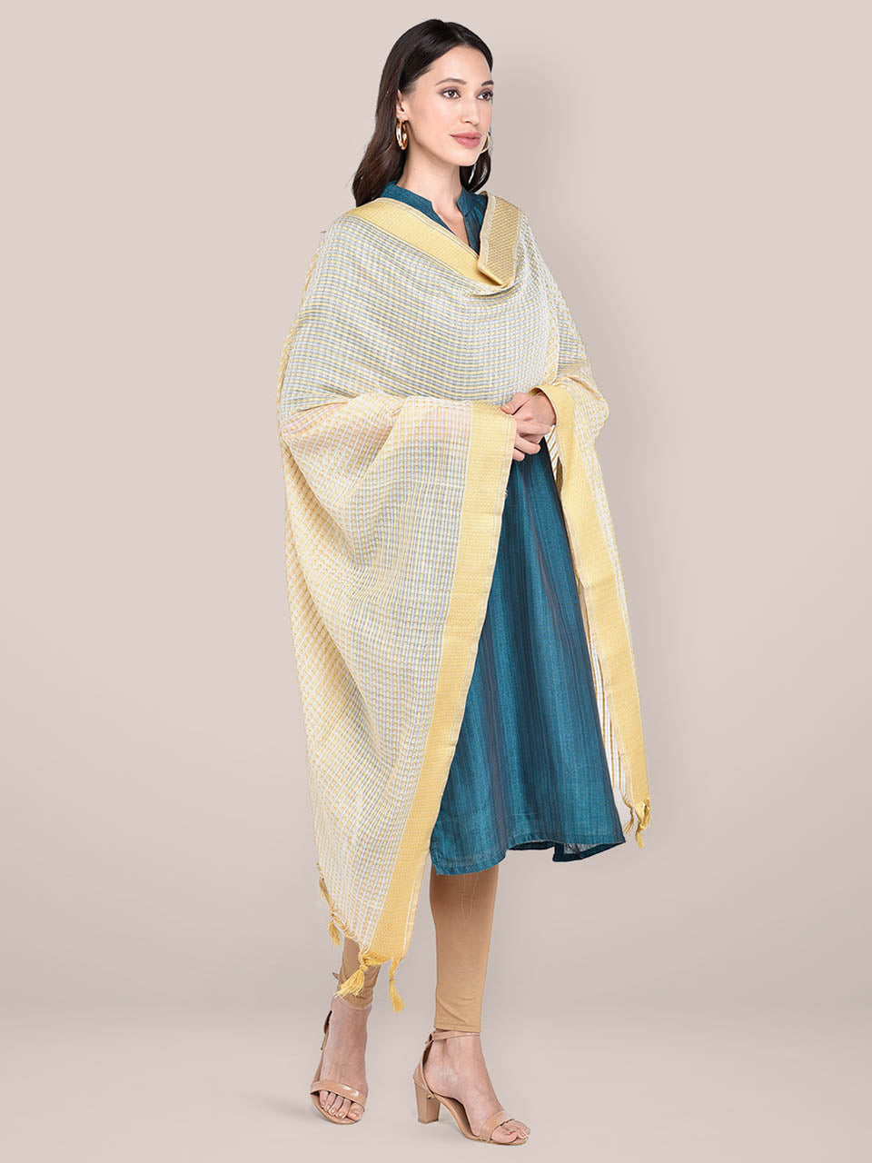Woven Gold Checkered Cotton Chanderi Dupatta freeshipping - Dupatta Bazaar