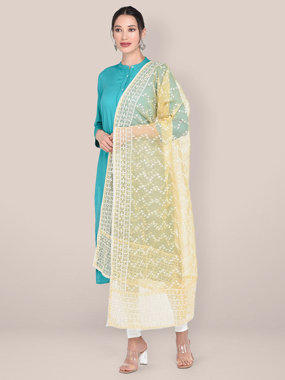 Women's Yellow Cotton Net Dupatta freeshipping - Dupatta Bazaar