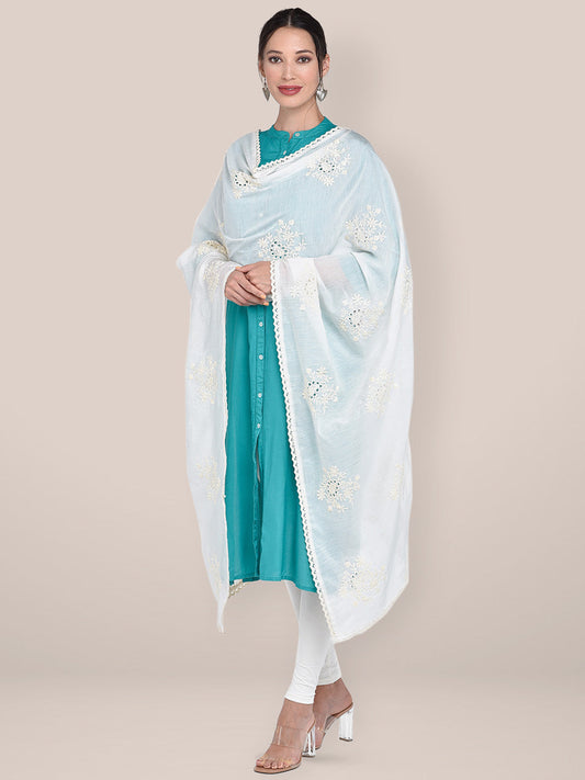 Off White Schiffili Embroidered Chanderi Silk Dupatta freeshipping - Dupatta Bazaar